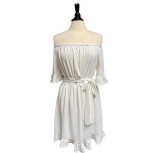 Spin White Ruffle Off Shoulder Short Sleeve Dress Size Large NWT